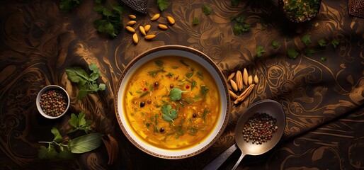 Bowl of lukewarm lentil soup with spices. - obrazy, fototapety, plakaty
