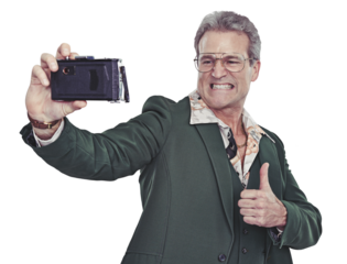 Portrait, mature man and selfie with happiness, 70s, spectacles and retro clothes with thumbsup. Guy, quirky and vintage with suit, thank you and winner and isolated on transparent png background.