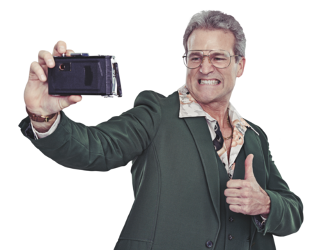 Portrait, mature man and selfie with happiness, 70s, spectacles and retro clothes with thumbsup. Guy, quirky and vintage with suit, thank you and winner and isolated on transparent png background.
