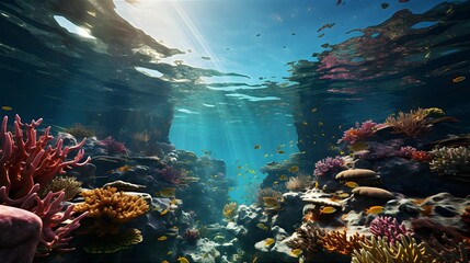 Landscapes Of The Underwater World And Its Vegetation. Illustration On The Theme Of Nature And Climate, Environment And Ecology, Tourism And Recreation. Generative AI - obrazy, fototapety, plakaty