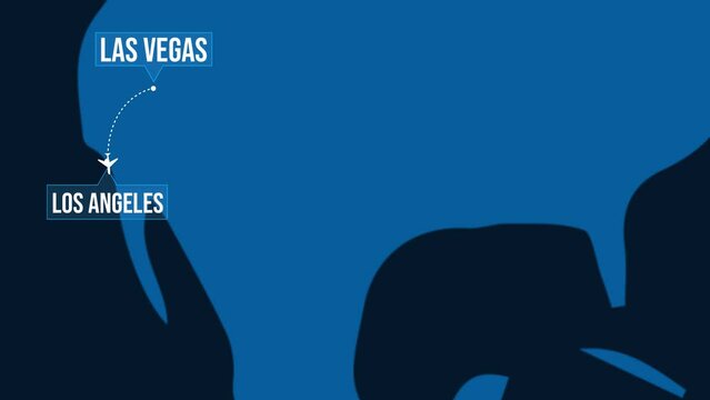 Las Vegas to Los Angeles flight route animation 4K backdrop, airplane domestic flight concept.