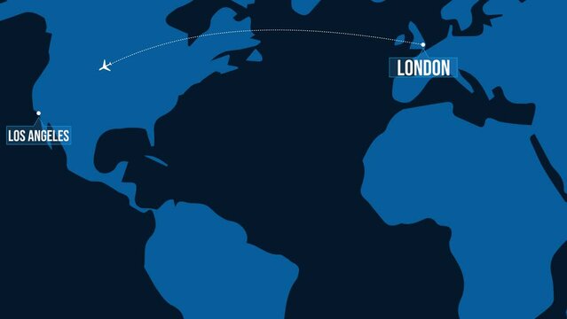 London To Los Angeles International flight route animation 4K with world map in the backdrop
