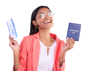 Young woman, passport and ticket for travel success, USA immigration and holiday isolated on transparent png background. Portrait of happy indian person with ID documents, vacation or flight receipt