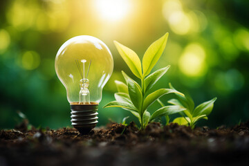 Conceptual picture of a light bulb on green nature fresh leaf energy sources generative AI