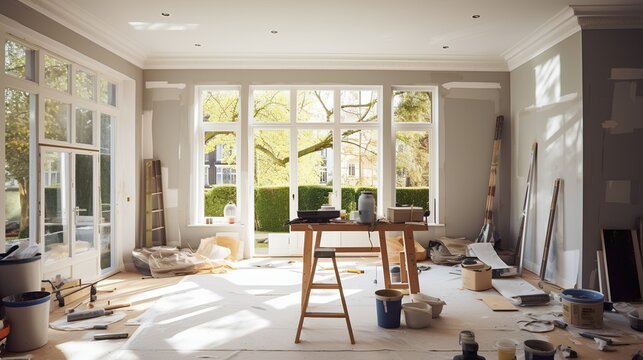 Home refurbishment process on a sunny day, featuring large, modern windows that allow natural light to flood the space. The image captures the essence of home improvement and renovation.