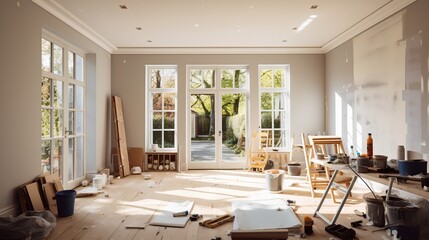 Home refurbishment process on a sunny day, featuring large, modern windows that allow natural light to flood the space. The image captures the essence of home improvement and renovation.
