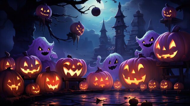 a group of ghosts and halloween pumpkins cartoon illustration.