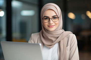 Muslim woman in hijab clothes in office building modern woman modern world generative AI