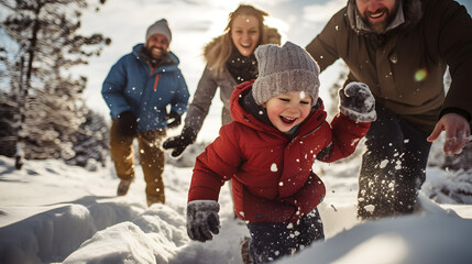 Familias felices jugando en la nieve en invierno