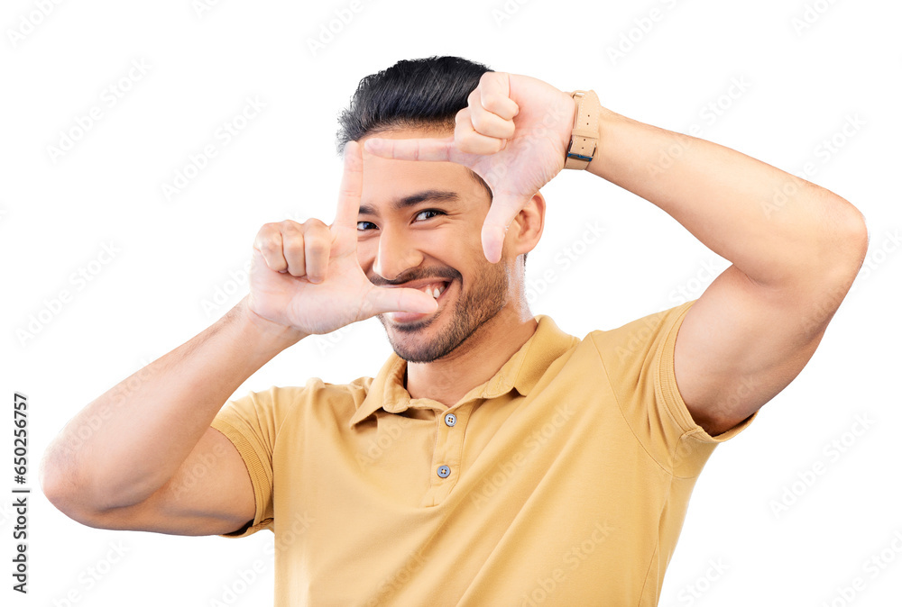 Poster Portrait, frame and hands with Asian man, smile and perspective isolated on a transparent background. Face, Japanese person and happy model with photography, finger framing and creativity with png