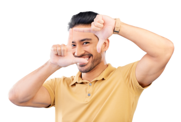Portrait, frame and hands with Asian man, smile and perspective isolated on a transparent background. Face, Japanese person and happy model with photography, finger framing and creativity with png