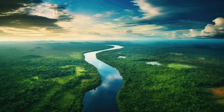 areal view of the vast amazon river and amazonian lush rain forest jungle. Save the planet concept. 