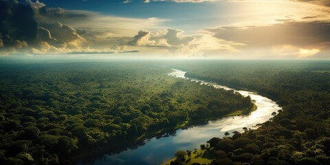 Vast lush tropical forest. areal view of the vast amazon river and amazonian lush rain forest jungle. fantasy. 