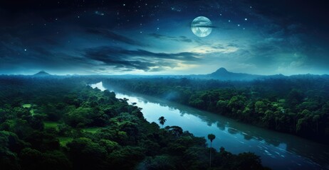 Night full moon over the amazon forest. areal view of the vast amazon river and amazonian lush rain forest jungle.  