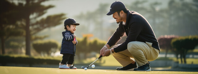 Child learns to play golf with a coach on the course