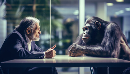 An elderly businessman with a white beard and a chimpanzee discussing at a table in a modern office