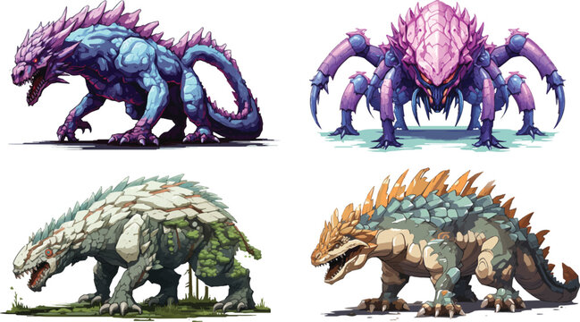 Bio-Engineering Creature Monster Boss in 2D RPG Gaming Style Set of Vector
