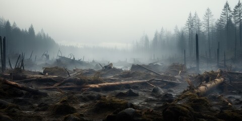 Forest disaster with logs and stumps covering the landscape. Air Pollution, Earth Day