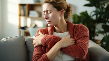 Woman with shoulder and neck pain sits on the couch at home