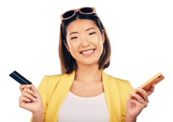 Woman, phone and credit card for online payment, e commerce and shopping sale or student discount. Happy portrait of asian person on mobile for internet banking isolated on transparent png background