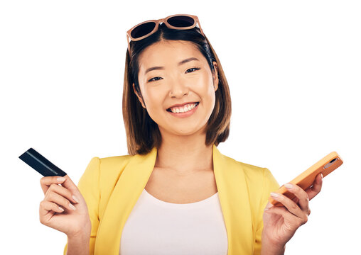 Woman, Phone And Credit Card For Online Payment, E Commerce And Shopping Sale Or Student Discount. Happy Portrait Of Asian Person On Mobile For Internet Banking Isolated On Transparent Png Background