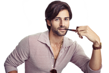 Man, portrait and smoke pipe with 70s fashion, vintage and isolated by transparent png background. Hippy guy, retro aesthetic and clothes with habit for tobacco, relax and trippy drugs with freedom