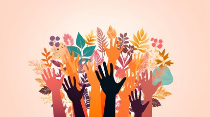 A vibrant, abstract illustration featuring a variety of diverse hands reaching upwards, intertwined with intricate floral elements, symbolizing unity, diversity, and nature.