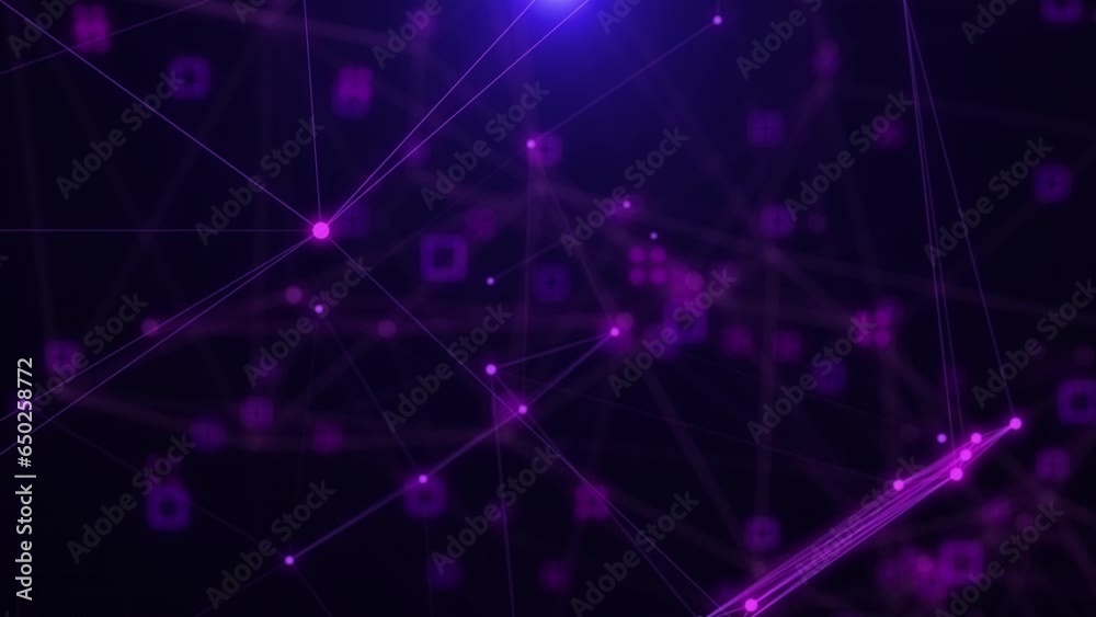 Poster Light Purple Abstract Technology Digital Polygon Plexus Communication Network Concept. Data Connection Structure Transfer Moving 4K Loop Animation.