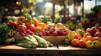 stand with fresh fruits and vegetables at the farmers market - obrazy, fototapety, plakaty