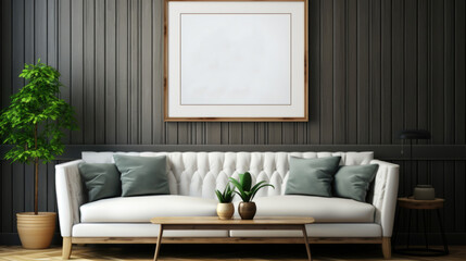 Fototapeta na wymiar Mockup empty, blank poster frame, white poster frame, sitting on top of a modern sofa, modern style living room.