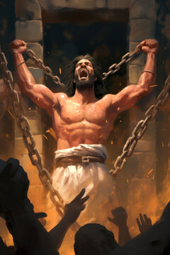 Samson the biblical hero with superhuman strength who freed Gods people from the Philistines Generative AI Illustration