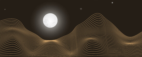 Vector abstract art landscape mountain with full moon and stars with gold line art texture isolated on dark gray black background. Minimal luxury style for wallpaper, wall art decoration.