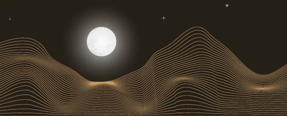 Fototapeten Vector abstract art landscape mountain with full moon and stars with gold line art texture isolated on dark gray black background. Minimal luxury style for wallpaper, wall art decoration. © Khanaya