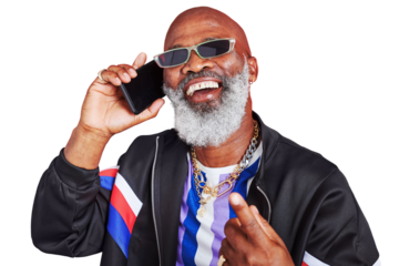 Phone call, smile and senior man with fashion, connection and communication isolated on a transparent background. African person, mature model or guy with a smartphone, conversation or png with style