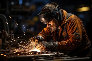 Safety first: A welding specialist demonstrates their skills with careful attention to protective gear in an industrial workshop - obrazy, fototapety, plakaty