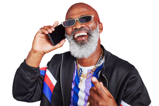Phone call, smile and senior man with fashion, connection and communication isolated on a transparent background. African person, mature model or guy with a smartphone, conversation or png with style