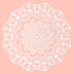Mandala, lace paper doily, embossed pattern, 3D, round element. Paper cut out design, laser cut template. Vintage lace doily with border.  Floral round napkin for your design.