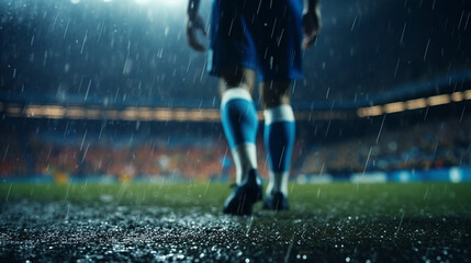 Back view of goal net with goalkeeper waiting for  foward to shoot penalty. Dramatic lighting. Rain. stadium full of people and flags. Blue color palette. Cinematic perspective. Soccer scenes.