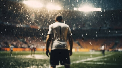 Back view of goal net with goalkeeper waiting for  foward to shoot penalty. Dramatic lighting. Rain. stadium full of people and flags. All-white color palette. Cinematic perspective. Soccer scenes.