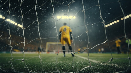 Back view of goal net with goalkeeper waiting for  foward to shoot penalty. Dramatic lighting. Rain. stadium full of people and flags. Yellow color palette. Cinematic perspective. Soccer scenes.