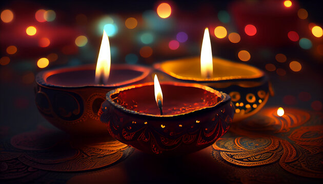Close up festival of lit diwali candles, colorful background, Ai generated image