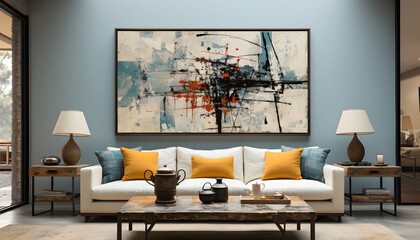 modern living room with large art painting behind 