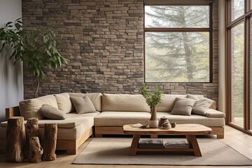 Interior of modern living room with brick wall and brown sofa