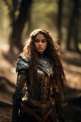 Armored Medieval Fantasy Warrior Woman in the Forest, Female Knight or Paladin Adventurer, Plate Wearing Character, Long Brown Curly Hair