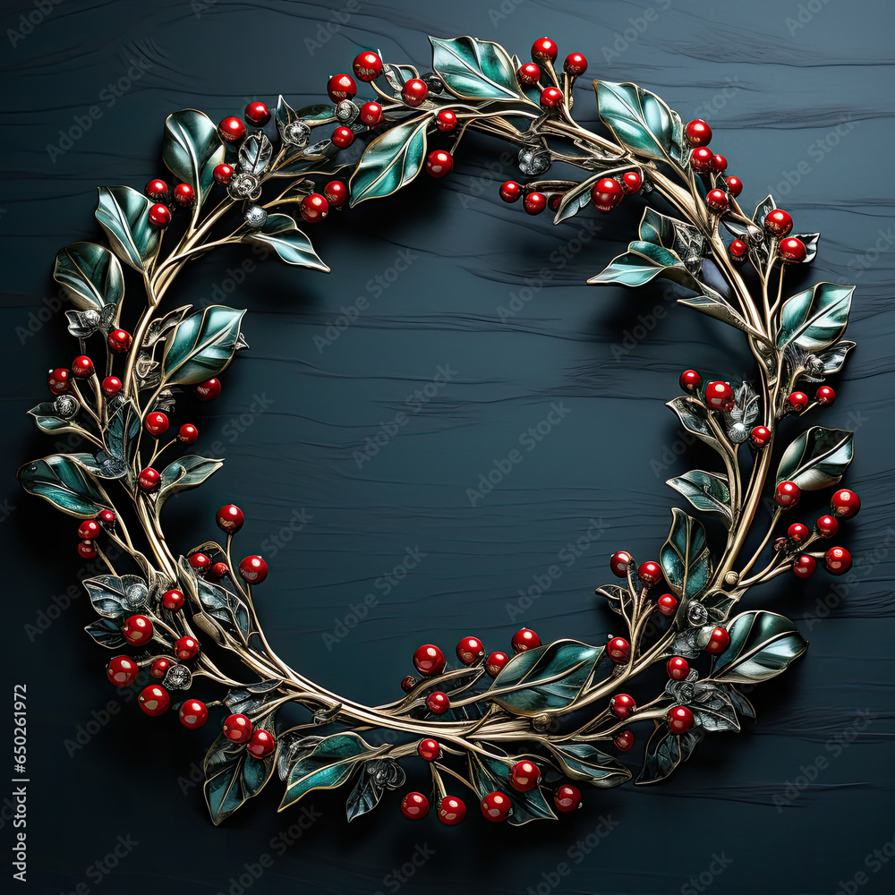 Canvas Prints Christmas jewelry wreath of metal ilex holly red berries and green leaves on black background