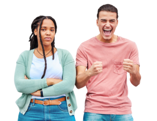 Winner, loser and portrait of people in competition with happy man and sad woman on isolated, transparent or png background. Person, celebrate and girl with arms crossed for gambling, bet or fail