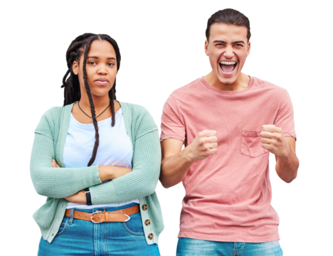 Winner, loser and portrait of people in competition with happy man and sad woman on isolated, transparent or png background. Person, celebrate and girl with arms crossed for gambling, bet or fail