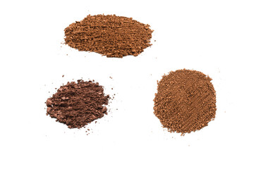 Makeup cosmetics. Eyeshadow in brown color crushed palette, colorful eye shadow powder isolated.