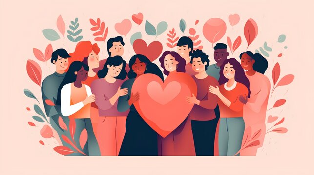 A vibrant and heartwarming illustration showcasing a diverse group of people, each holding a piece of a heart symbol. The image represents unity, love, and the concept of charity.