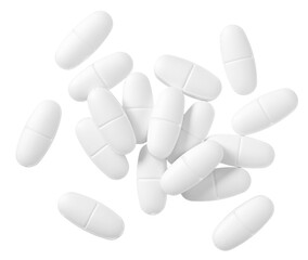 White oval pills isolated on white background, top view.